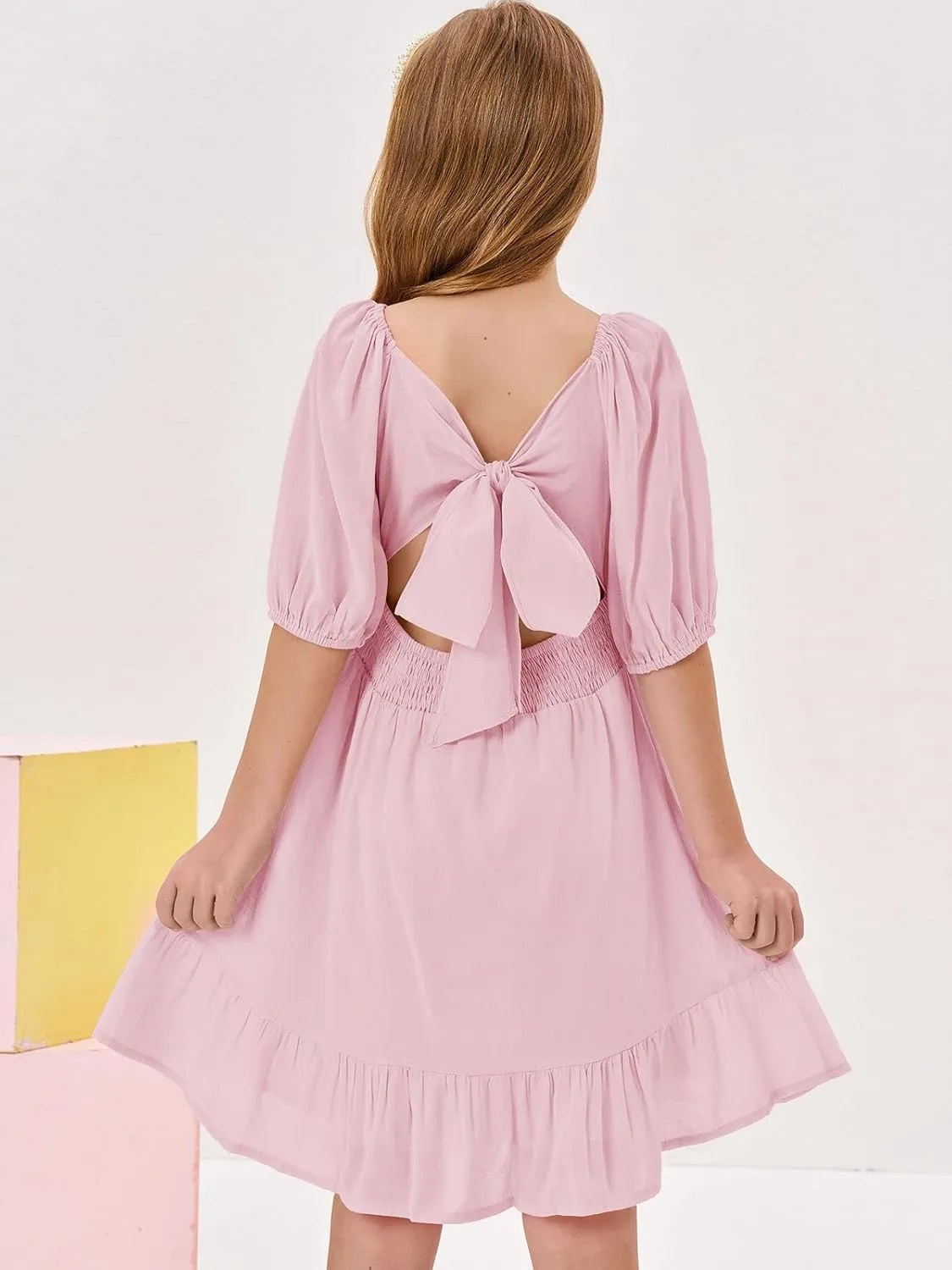 Girls Summer Dresses Square Neck Lantern Sleeve Tie Backless Ruffle A-Line Party Mini Dress