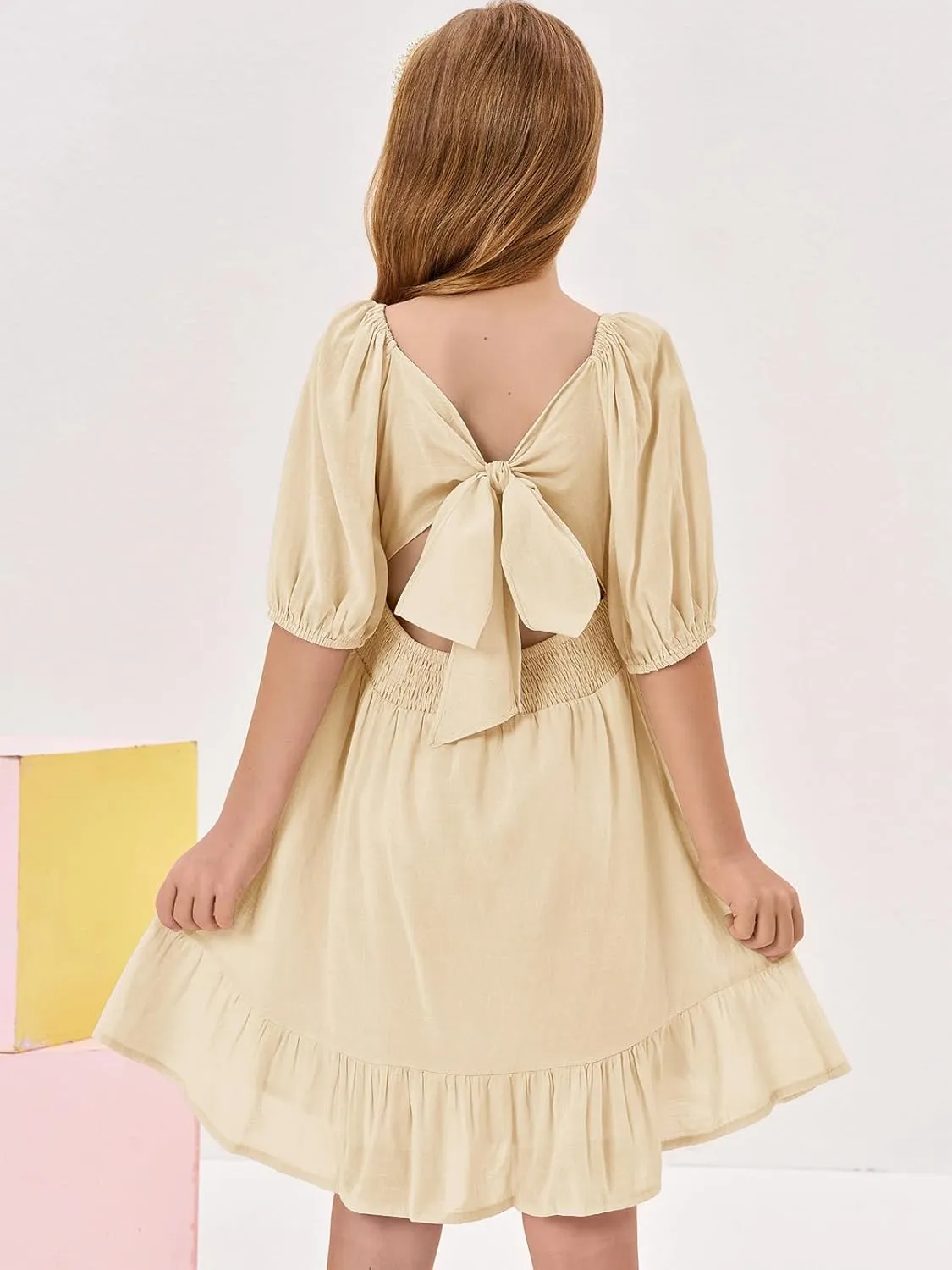 Girls Summer Dresses Square Neck Lantern Sleeve Tie Backless Ruffle A-Line Party Mini Dress