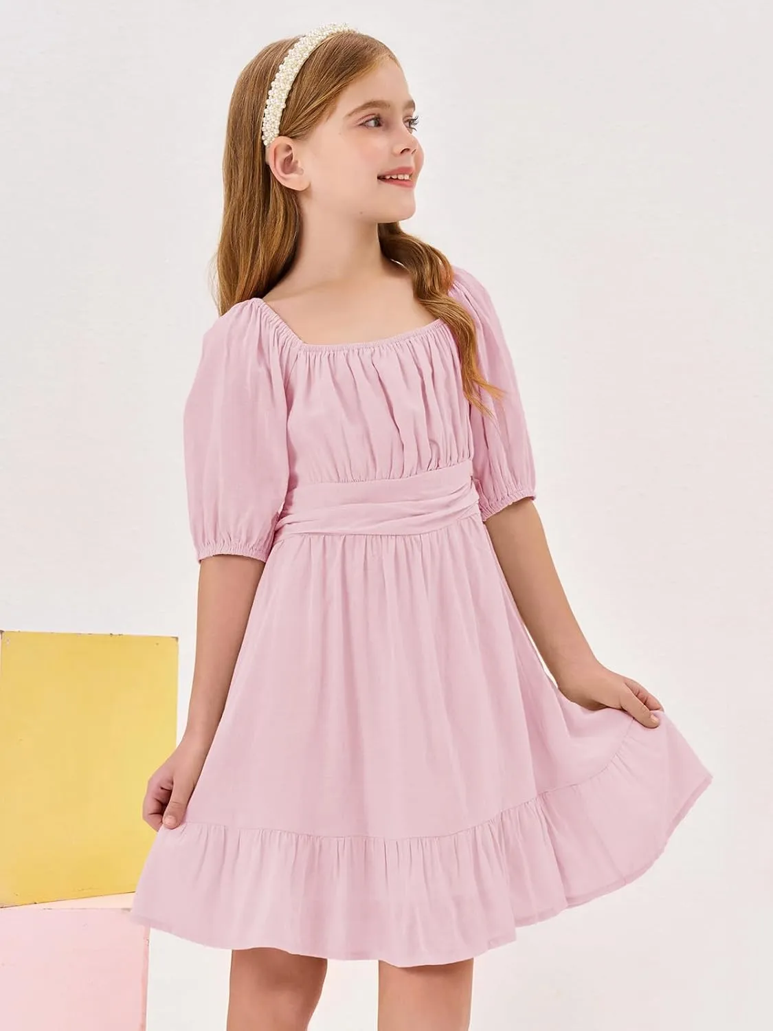 Girls Summer Dresses Square Neck Lantern Sleeve Tie Backless Ruffle A-Line Party Mini Dress