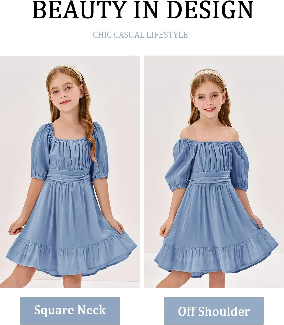 Girls Summer Dresses Square Neck Lantern Sleeve Tie Backless Ruffle A-Line Party Mini Dress