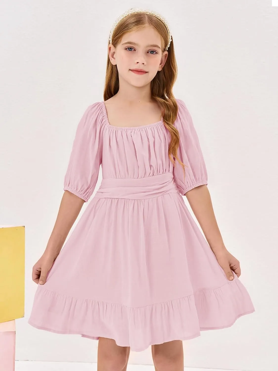Girls Summer Dresses Square Neck Lantern Sleeve Tie Backless Ruffle A-Line Party Mini Dress