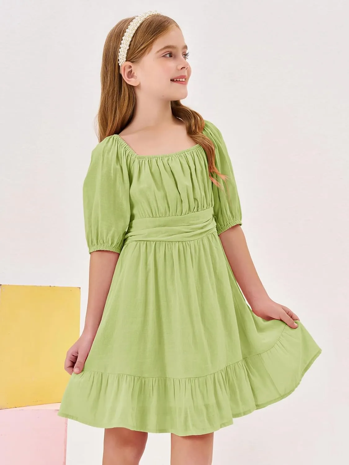 Girls Summer Dresses Square Neck Lantern Sleeve Tie Backless Ruffle A-Line Party Mini Dress