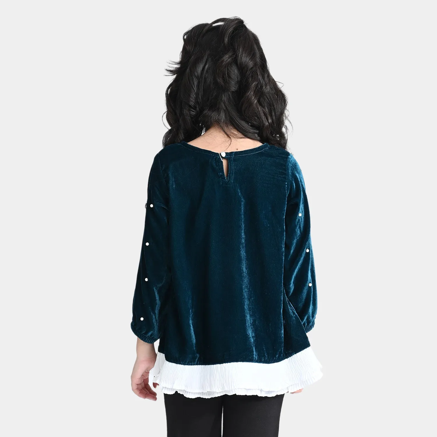 Girls Velvet Top Pearls With Pleats-Teal Green