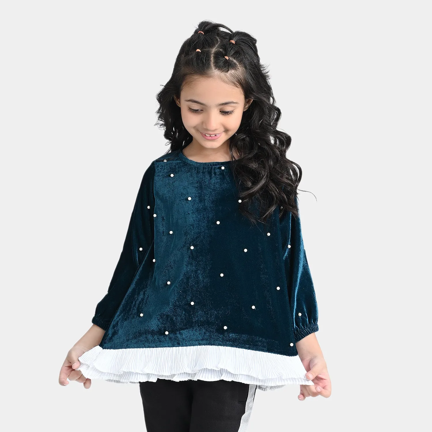 Girls Velvet Top Pearls With Pleats-Teal Green