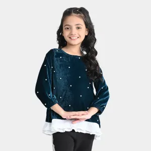 Girls Velvet Top Pearls With Pleats-Teal Green