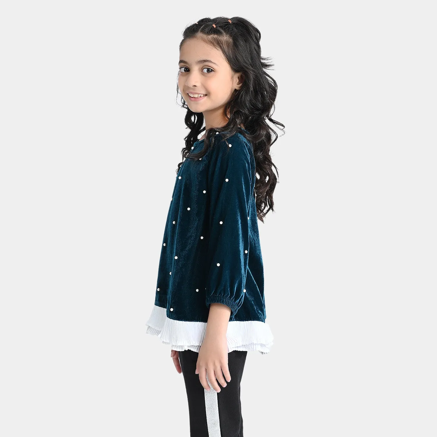 Girls Velvet Top Pearls With Pleats-Teal Green