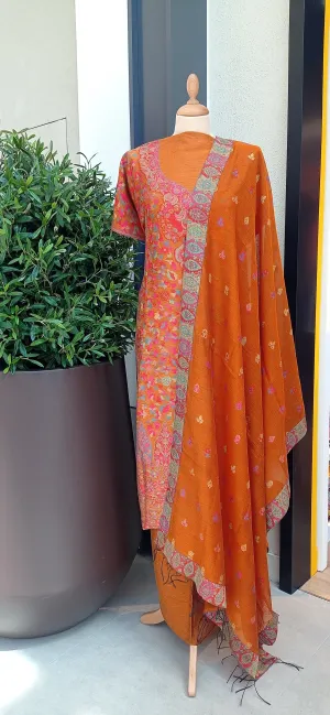 Gitasha Rust Orange and Pink Floral Kashmiri Kaani Cotton Silk Suit Set (Unstitched)