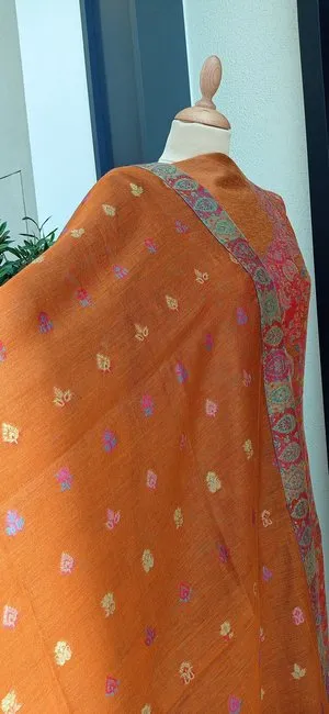 Gitasha Rust Orange and Pink Floral Kashmiri Kaani Cotton Silk Suit Set (Unstitched)