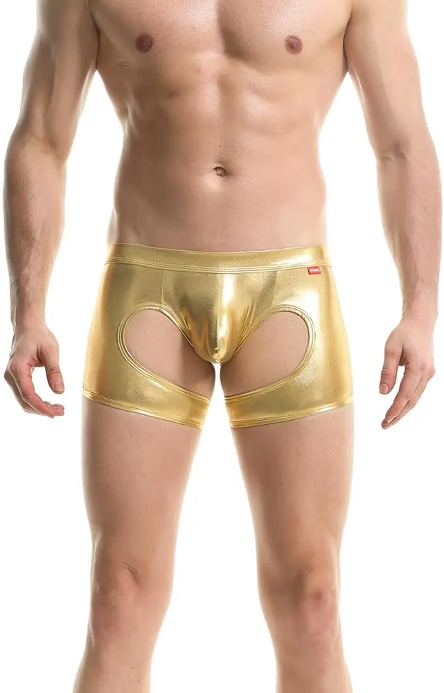 Gogobear Men's Shiny Metallic Boxer Briefs Sexy Breathable Hollow Out Bulge Pouch Bikini Underwear