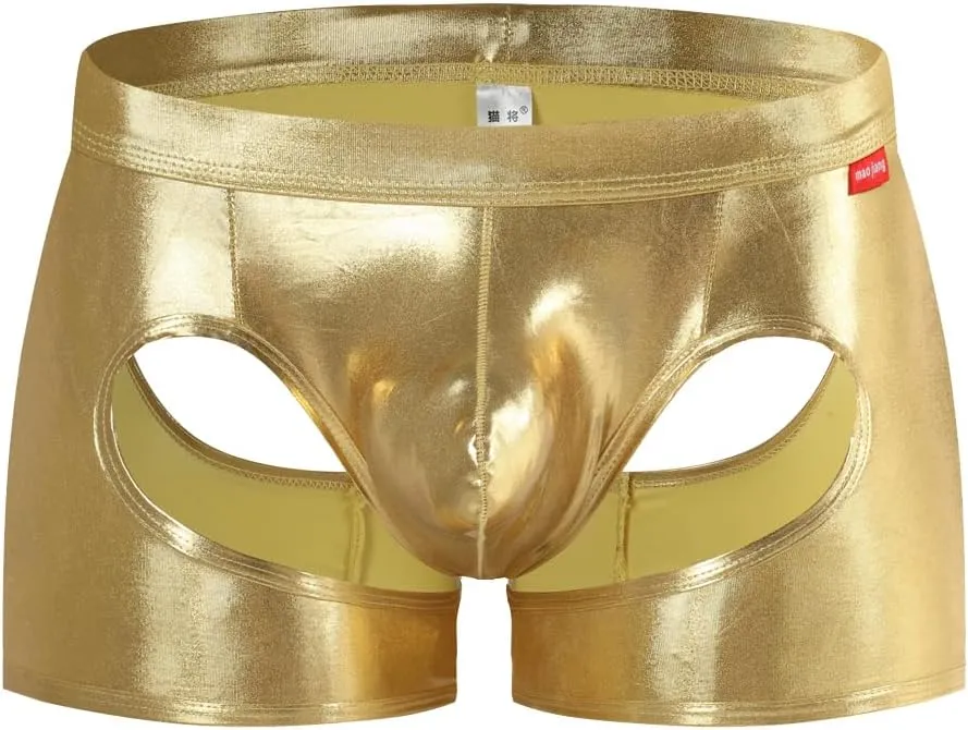 Gogobear Men's Shiny Metallic Boxer Briefs Sexy Breathable Hollow Out Bulge Pouch Bikini Underwear