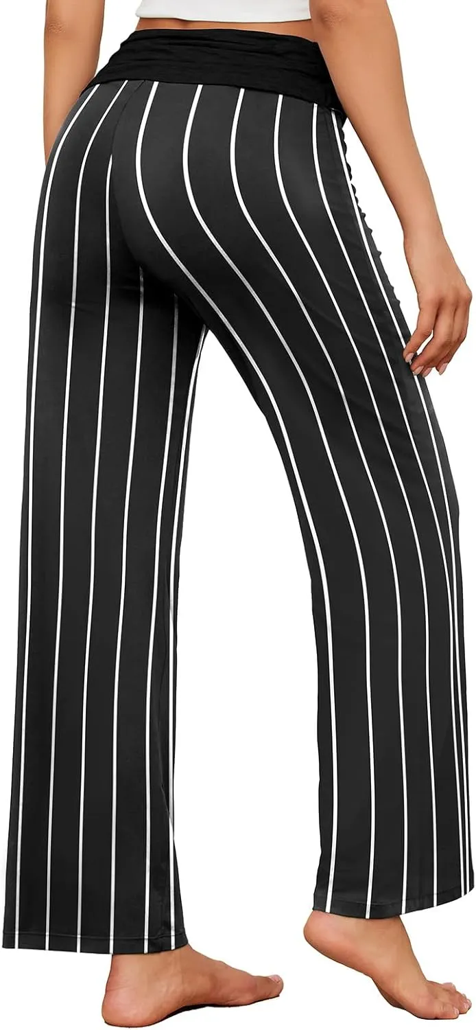 Gracyoga Women's Comfy Pajama Pants Wide Leg Lounge Palazzo Yoga Pants Stretch Casual Floral Print Fold Waist Pants