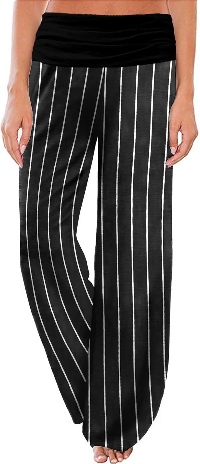 Gracyoga Women's Comfy Pajama Pants Wide Leg Lounge Palazzo Yoga Pants Stretch Casual Floral Print Fold Waist Pants