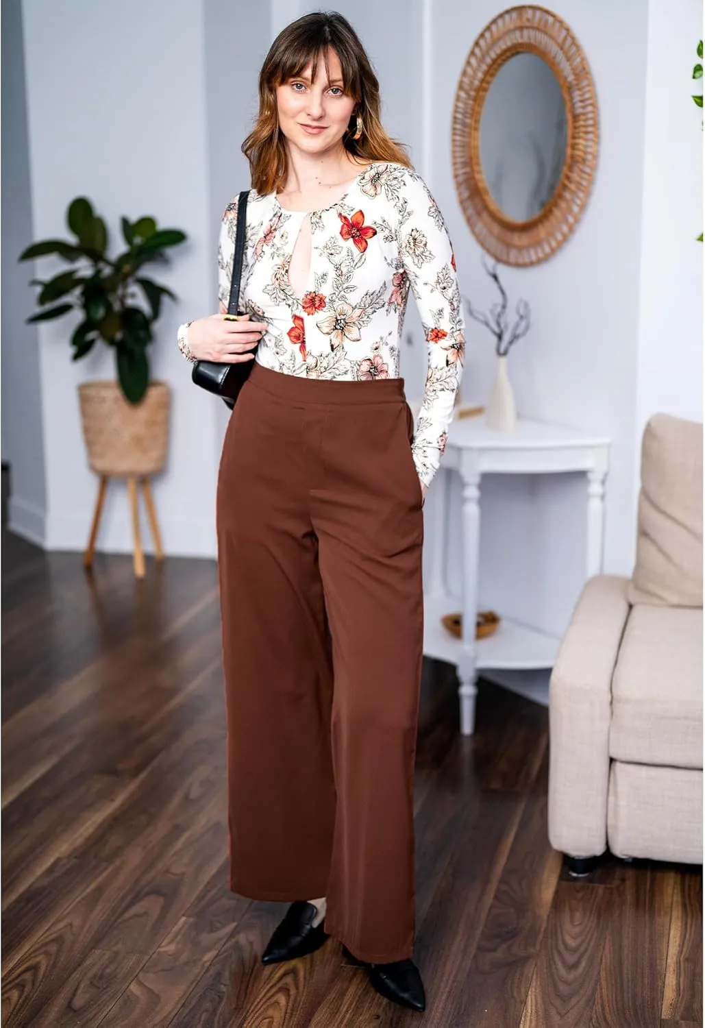 GRAPENT Wide Leg Dress Pants Women High Waisted Pull On Business Casual Work Pants Elastic Waist Dressy Trousers Pockets
