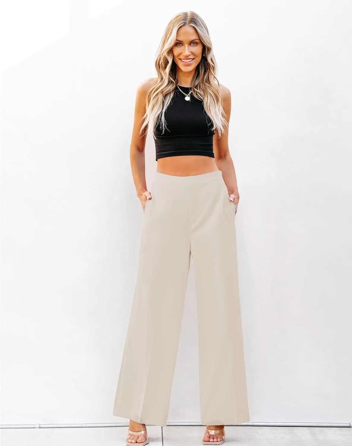 GRAPENT Wide Leg Dress Pants Women High Waisted Pull On Business Casual Work Pants Elastic Waist Dressy Trousers Pockets