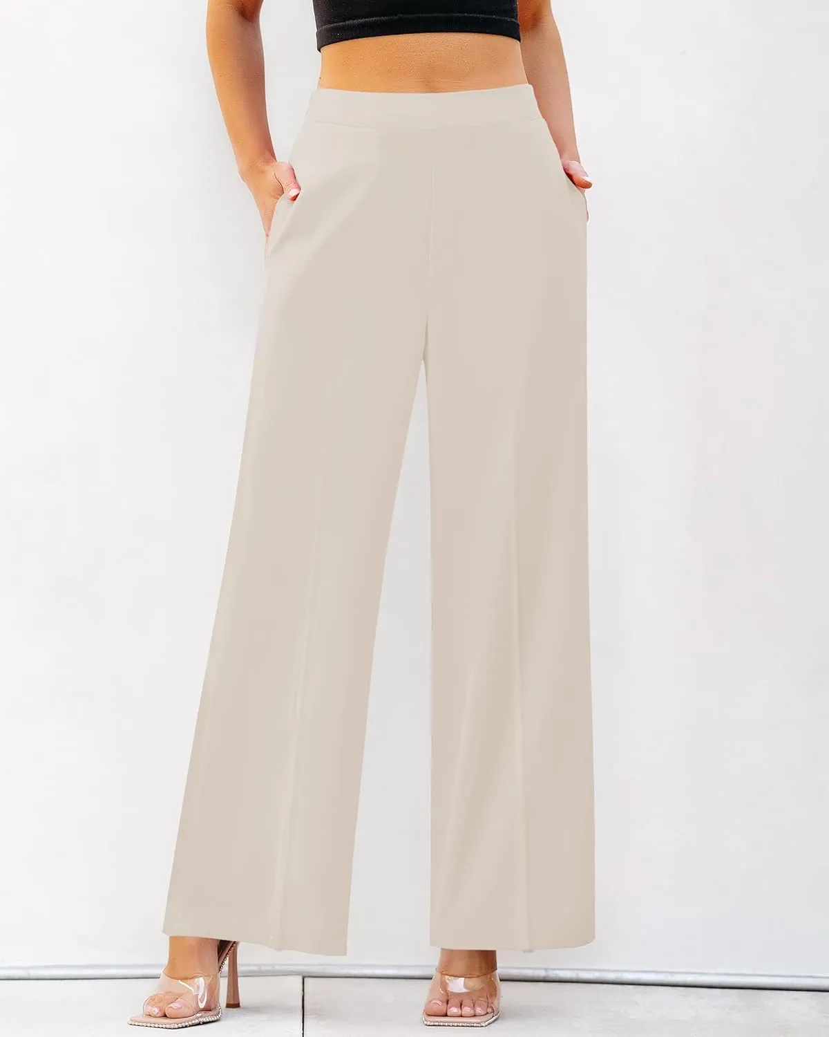 GRAPENT Wide Leg Dress Pants Women High Waisted Pull On Business Casual Work Pants Elastic Waist Dressy Trousers Pockets
