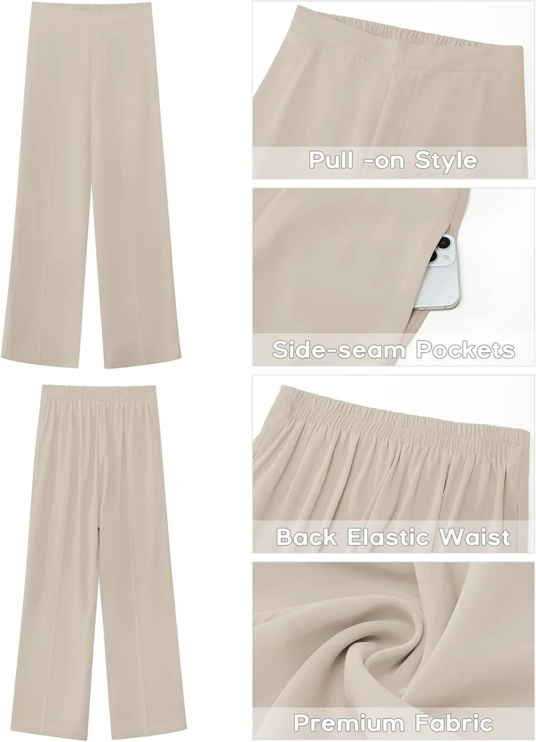 GRAPENT Wide Leg Dress Pants Women High Waisted Pull On Business Casual Work Pants Elastic Waist Dressy Trousers Pockets