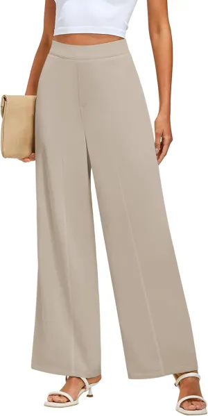 GRAPENT Wide Leg Dress Pants Women High Waisted Pull On Business Casual Work Pants Elastic Waist Dressy Trousers Pockets