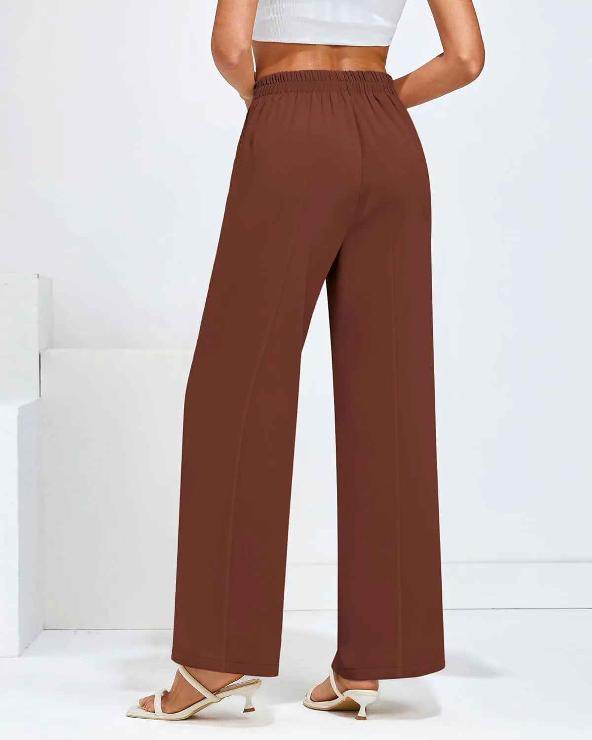 GRAPENT Wide Leg Dress Pants Women High Waisted Pull On Business Casual Work Pants Elastic Waist Dressy Trousers Pockets