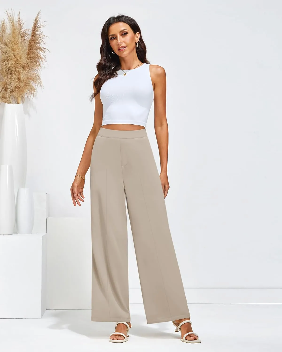 GRAPENT Wide Leg Dress Pants Women High Waisted Pull On Business Casual Work Pants Elastic Waist Dressy Trousers Pockets
