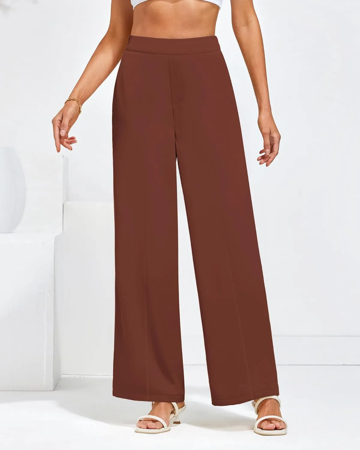 GRAPENT Wide Leg Dress Pants Women High Waisted Pull On Business Casual Work Pants Elastic Waist Dressy Trousers Pockets