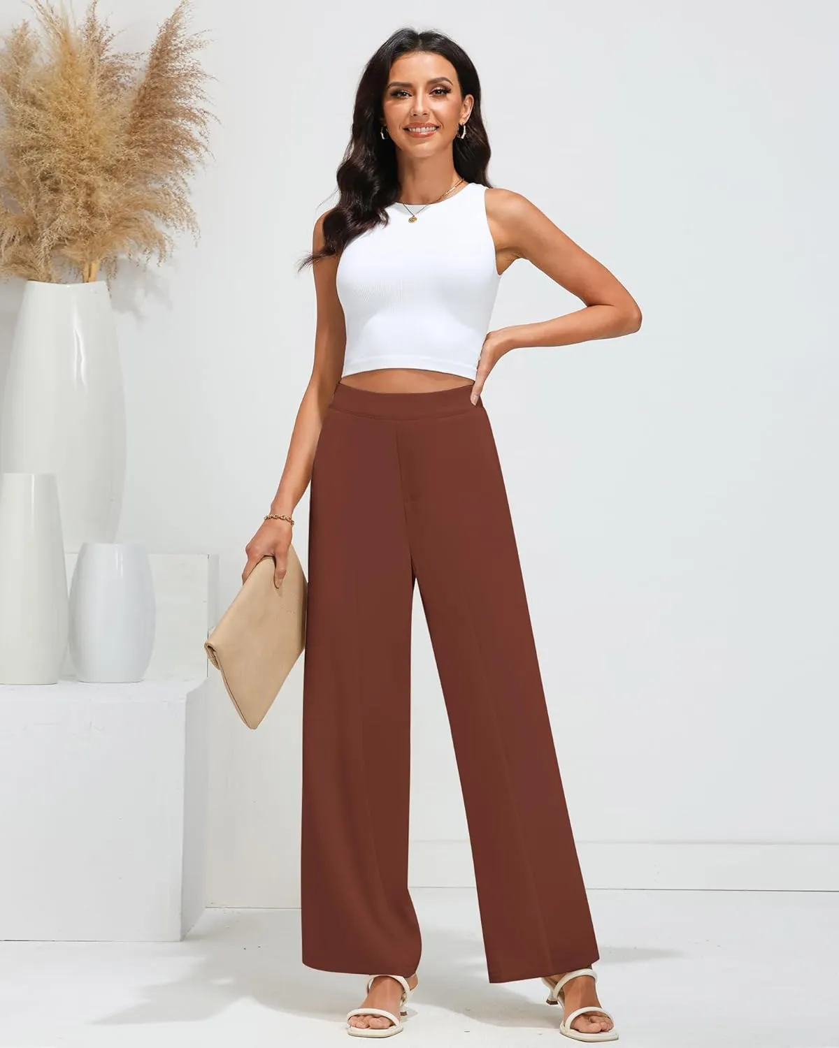 GRAPENT Wide Leg Dress Pants Women High Waisted Pull On Business Casual Work Pants Elastic Waist Dressy Trousers Pockets