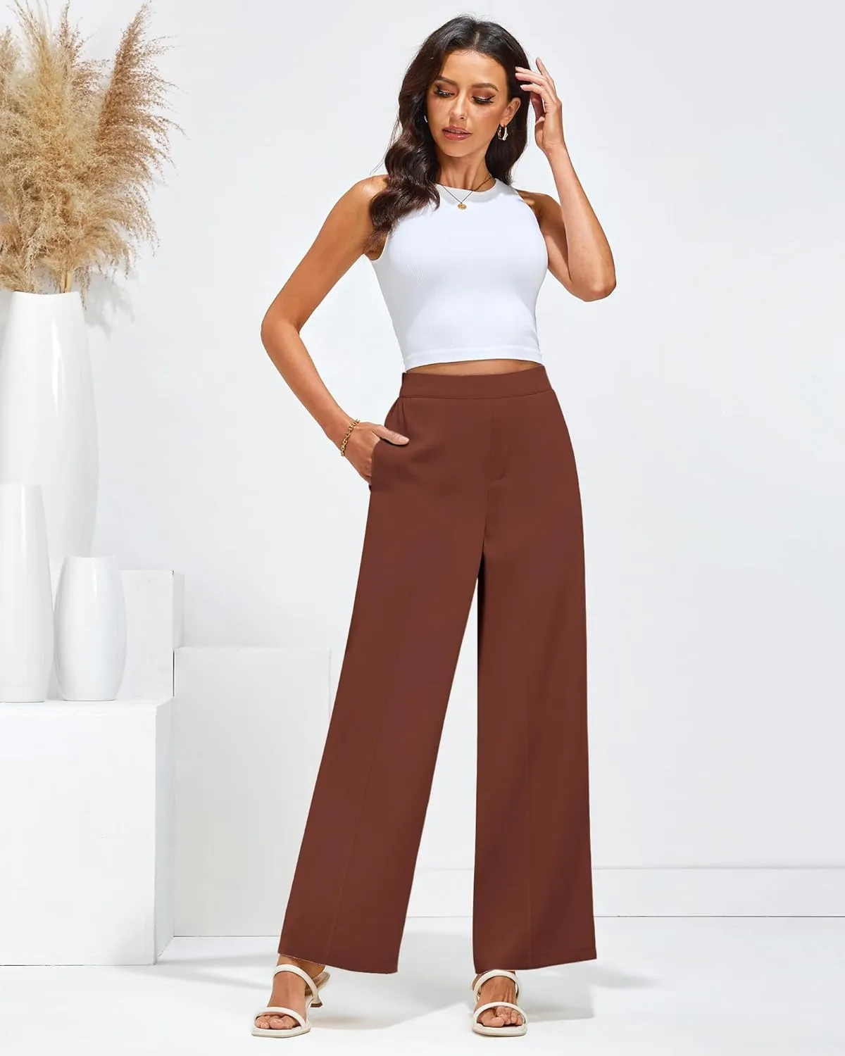 GRAPENT Wide Leg Dress Pants Women High Waisted Pull On Business Casual Work Pants Elastic Waist Dressy Trousers Pockets