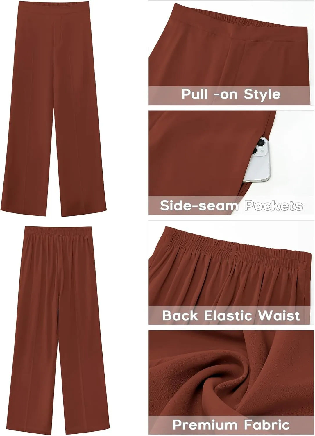 GRAPENT Wide Leg Dress Pants Women High Waisted Pull On Business Casual Work Pants Elastic Waist Dressy Trousers Pockets