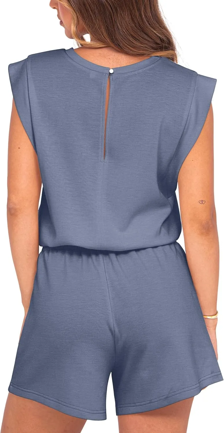 GRECERELLE Rompers For Women 2025 Summer Cap Sleeve Adjustable Drawstring Waistband Cozy Lounge Short Jumpsuit With Pocket
