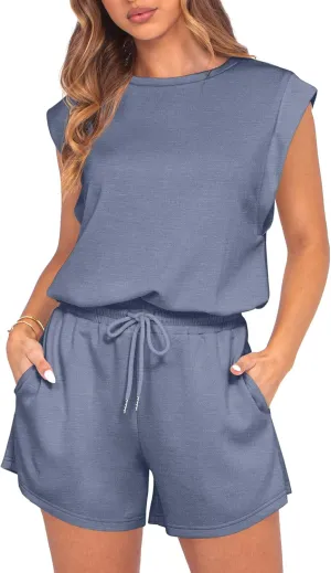GRECERELLE Rompers For Women 2025 Summer Cap Sleeve Adjustable Drawstring Waistband Cozy Lounge Short Jumpsuit With Pocket