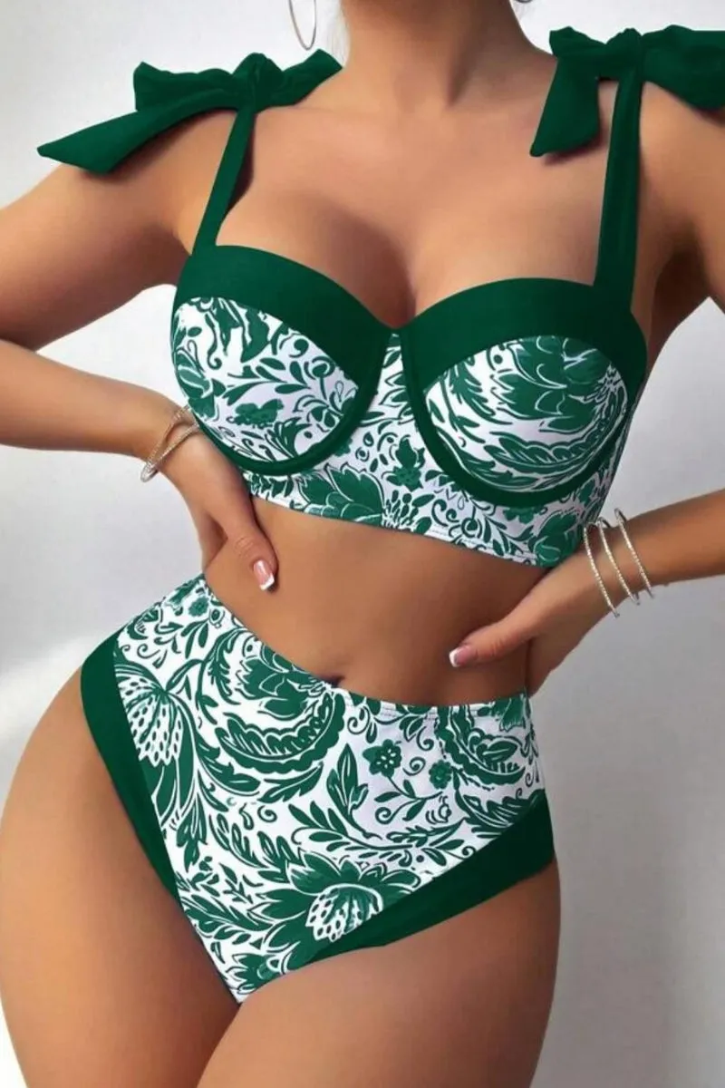 Green Vintage Floral Print Chic Tie Shoulder Bikini