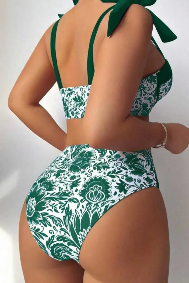 Green Vintage Floral Print Chic Tie Shoulder Bikini