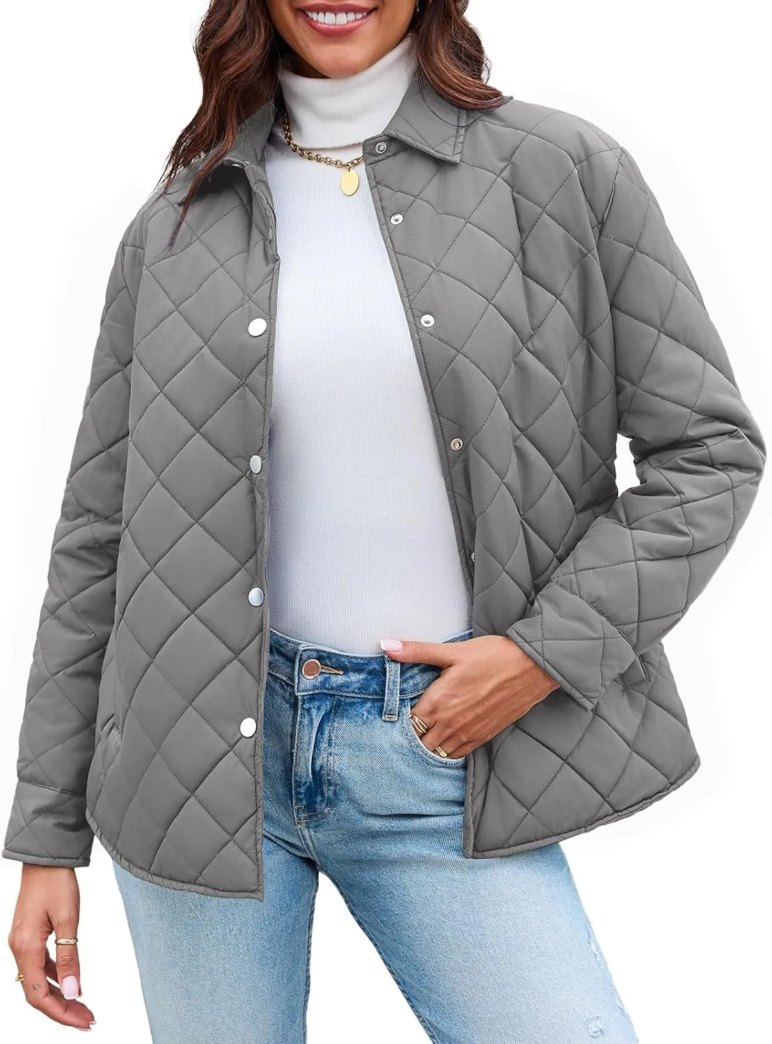 Grlasen Women's Lightweight Quilted Jacket Stand Collar Single-breasted Long Sleeve Warm Oversized Coat with Pockets