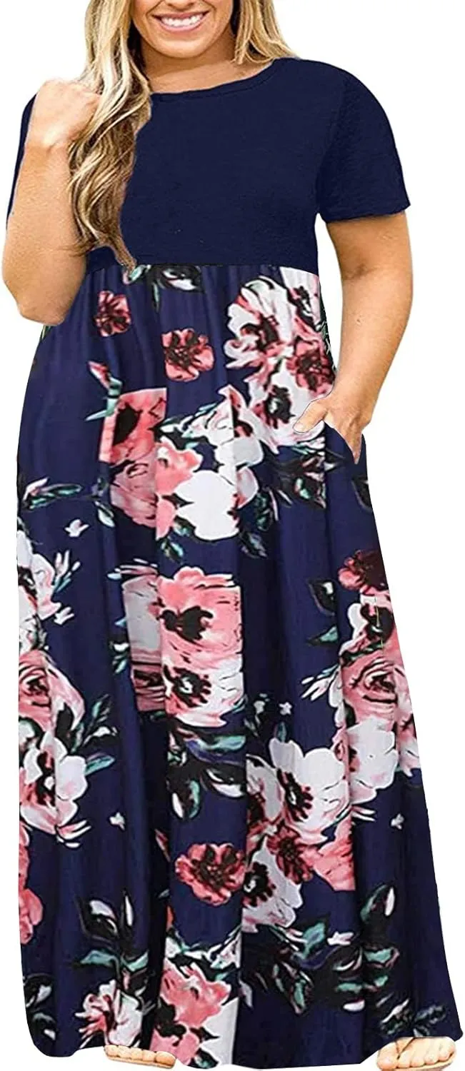 Halife Plus Size Dresses for Curvy Women Summer Casual Beach Long Maxi Dress with Pockets
