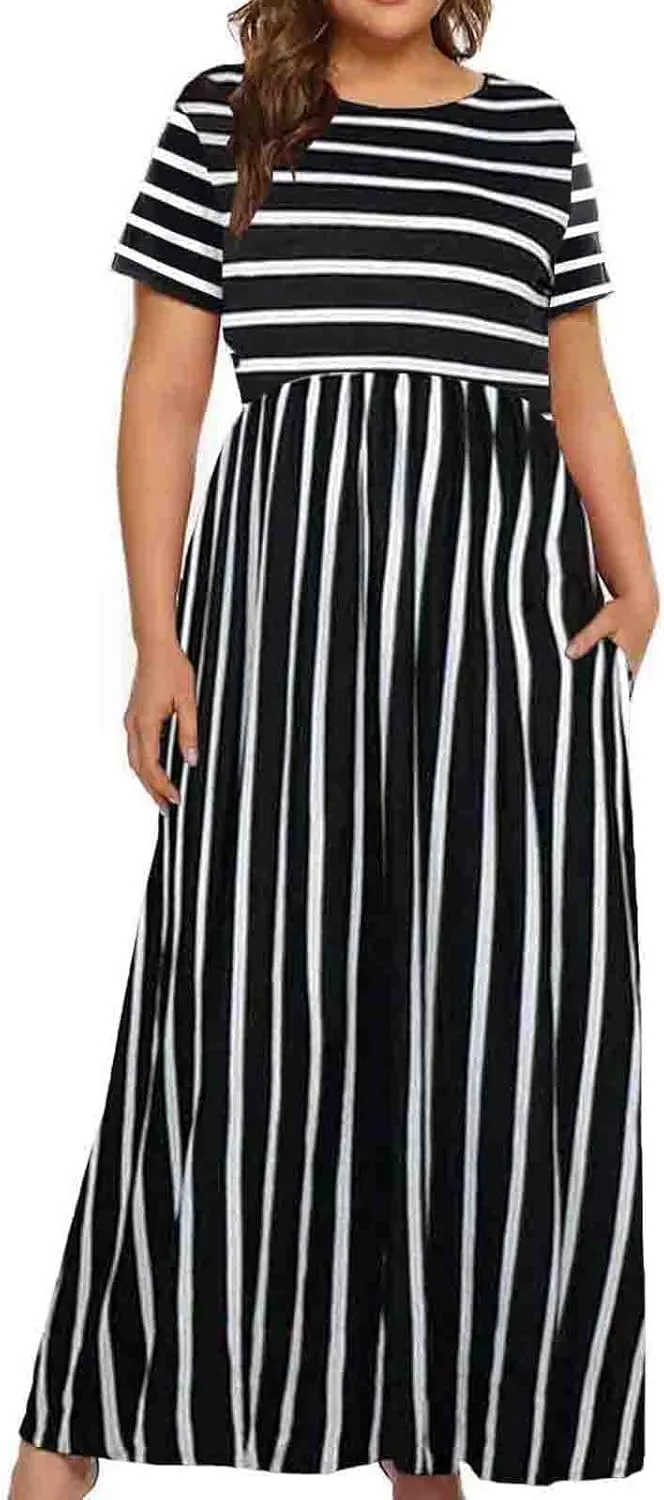 Halife Plus Size Dresses for Women Casual Summer 2024 Black White Striped Elegant Maxi Dress XL