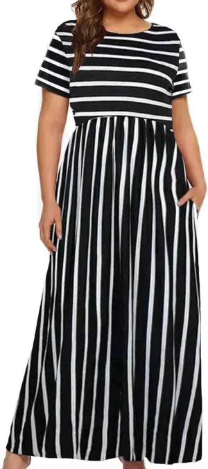 Halife Plus Size Dresses for Women Casual Summer 2024 Black White Striped Elegant Maxi Dress XL
