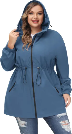 Hanna Nikole Women's Plus Size Long Hooded Raincoat Lightweight Waterproof Windbreaker Jacket