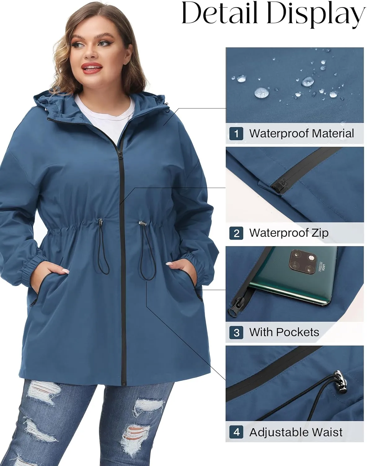 Hanna Nikole Women's Plus Size Long Hooded Raincoat Lightweight Waterproof Windbreaker Jacket