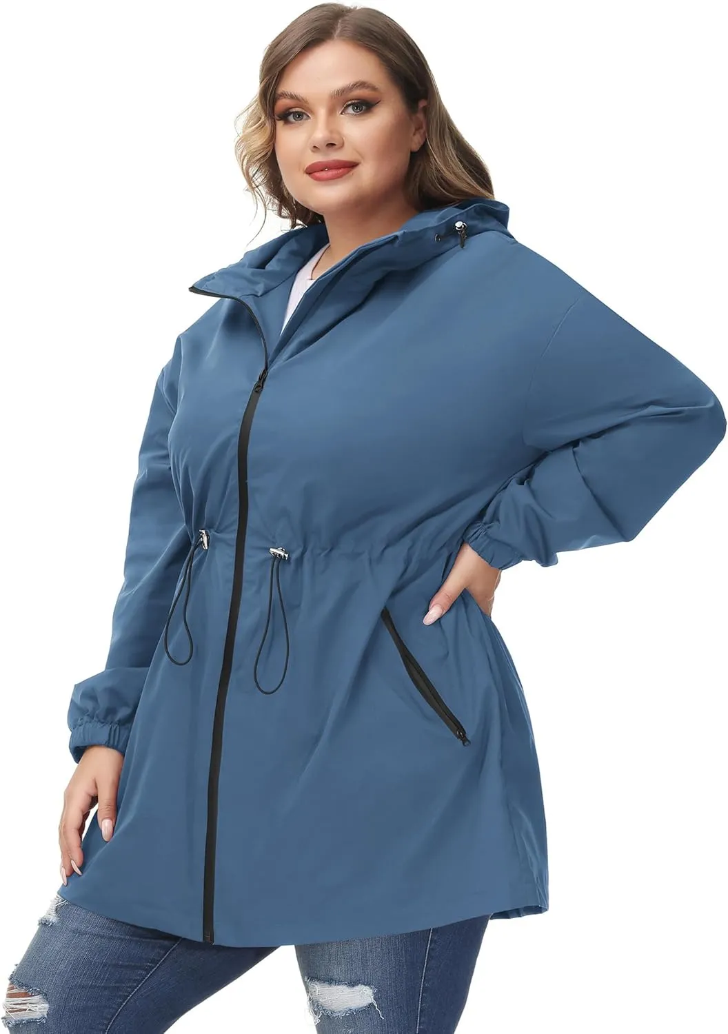 Hanna Nikole Women's Plus Size Long Hooded Raincoat Lightweight Waterproof Windbreaker Jacket