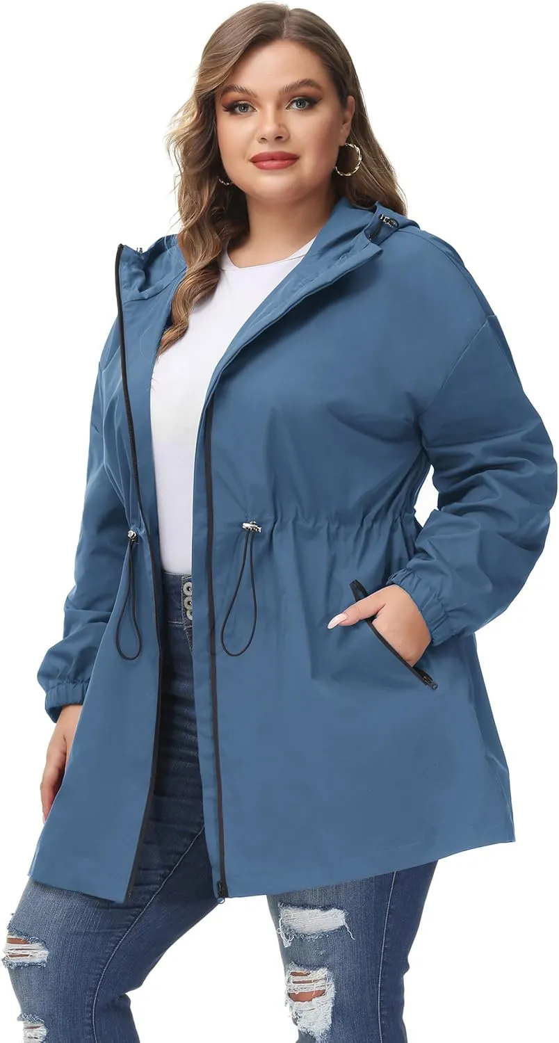 Hanna Nikole Women's Plus Size Long Hooded Raincoat Lightweight Waterproof Windbreaker Jacket