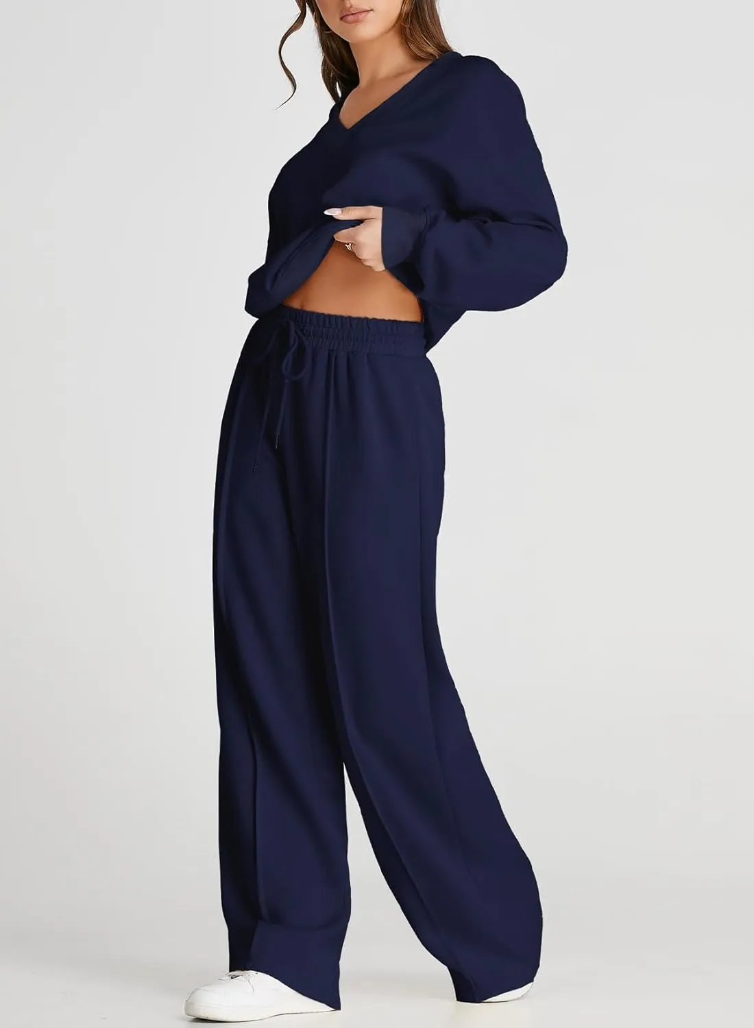 Herseas Women 2 Piece Outfits Sweatsuit 2024 Fall Casual V Neck Sweatshirt with Wide Leg Sweatpants Tracksuit Lounge Set