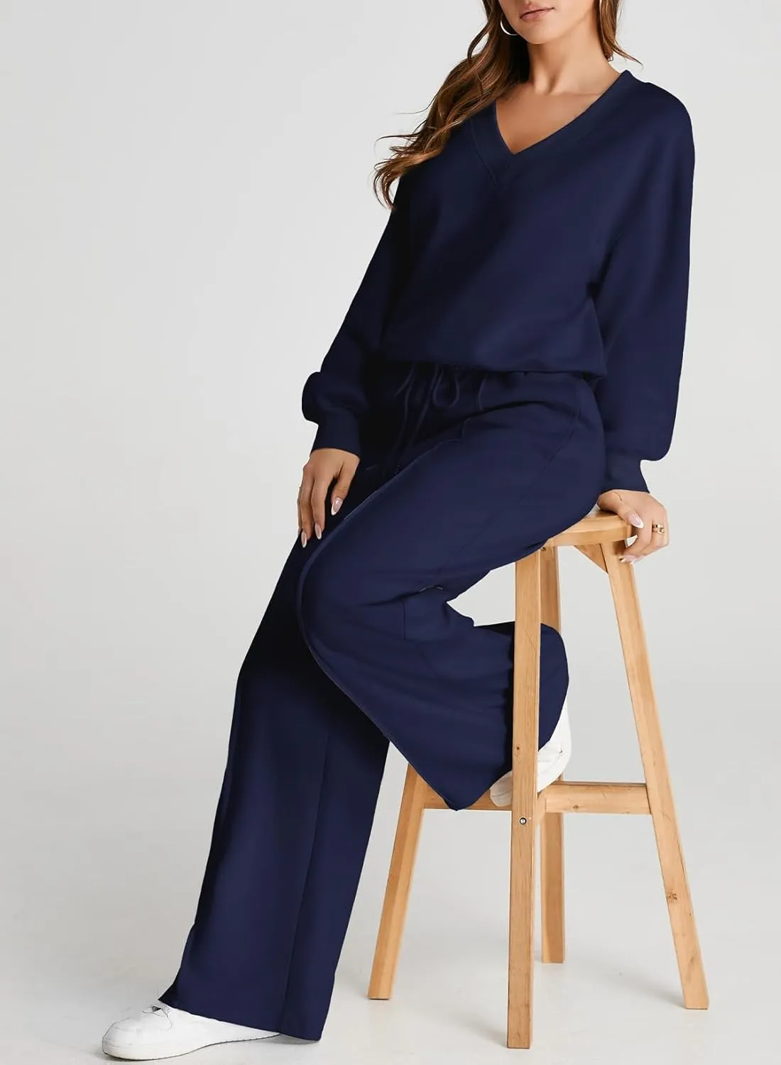Herseas Women 2 Piece Outfits Sweatsuit 2024 Fall Casual V Neck Sweatshirt with Wide Leg Sweatpants Tracksuit Lounge Set