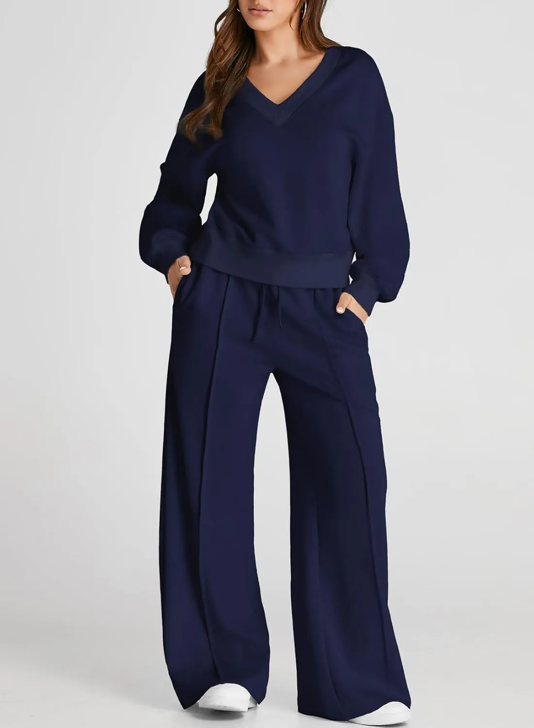 Herseas Women 2 Piece Outfits Sweatsuit 2024 Fall Casual V Neck Sweatshirt with Wide Leg Sweatpants Tracksuit Lounge Set