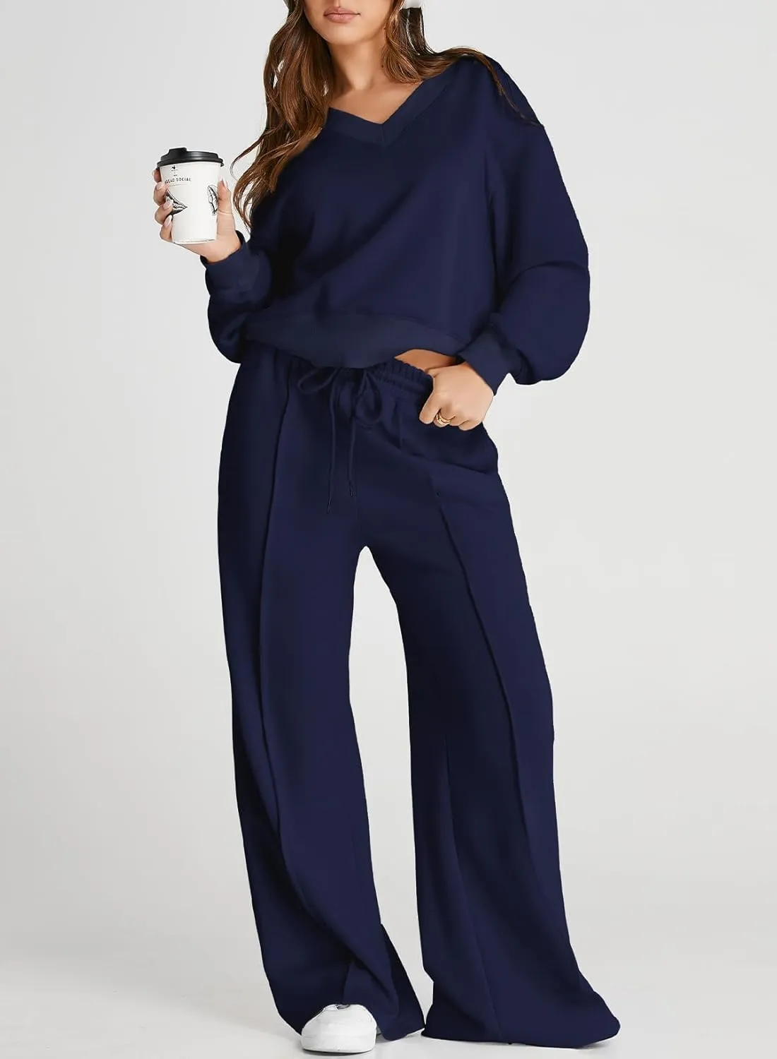Herseas Women 2 Piece Outfits Sweatsuit 2024 Fall Casual V Neck Sweatshirt with Wide Leg Sweatpants Tracksuit Lounge Set