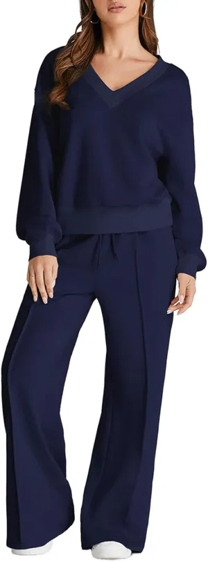Herseas Women 2 Piece Outfits Sweatsuit 2024 Fall Casual V Neck Sweatshirt with Wide Leg Sweatpants Tracksuit Lounge Set