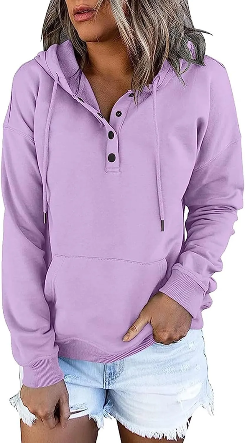 Hoodies For Women Dressy Casual 2024 Solid Basic Button Down Hooded Drawstring Sweatshirt Fall Fashion Pullover Tops