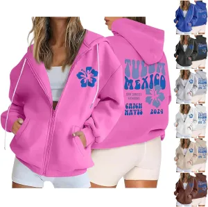 Hoodies Y2k Letter Graphic Hoodies for Women 2024 Preppy Sweatshirts Long Sleeve Drawstring Zipper Pockets Pullover