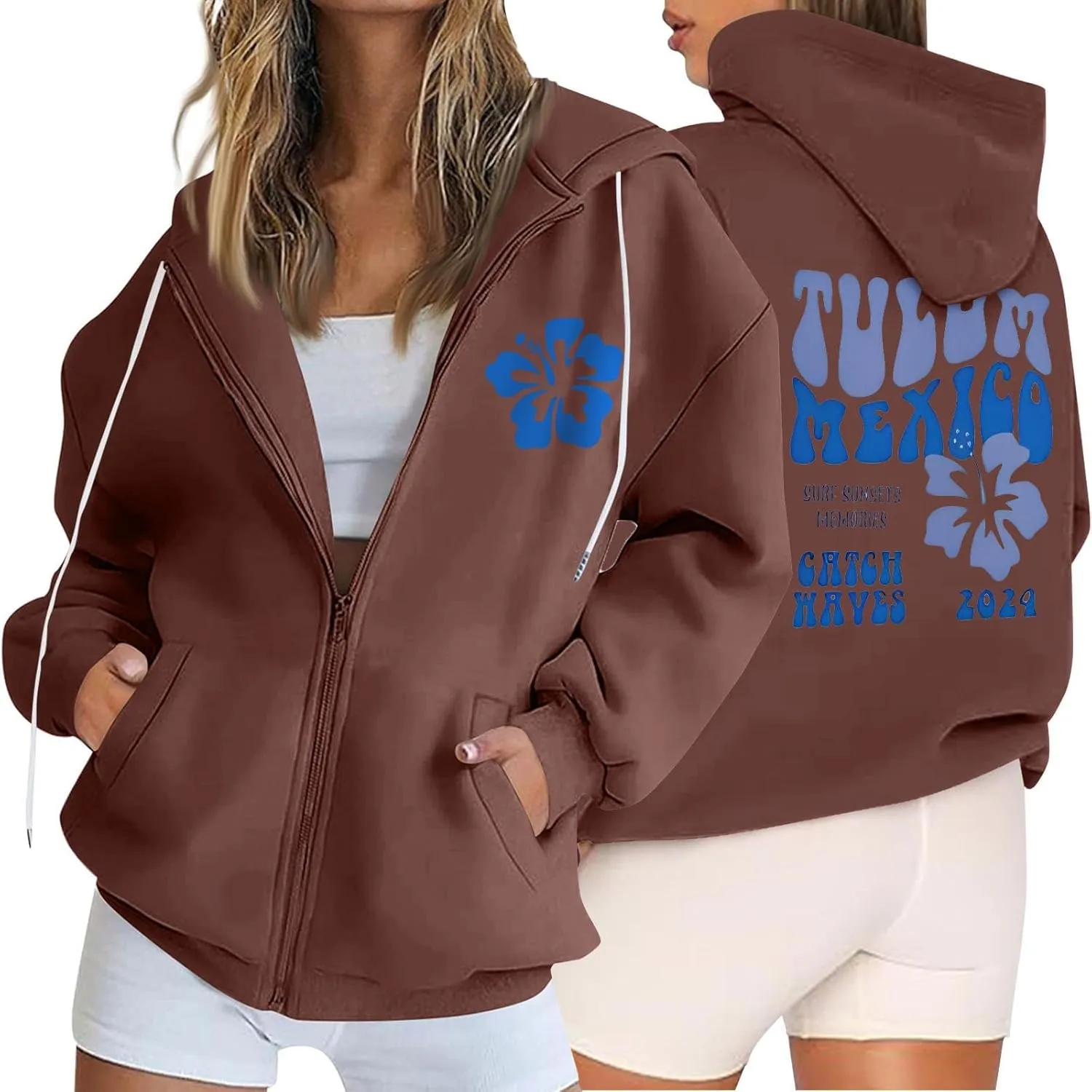 Hoodies Y2k Letter Graphic Hoodies for Women 2024 Preppy Sweatshirts Long Sleeve Drawstring Zipper Pockets Pullover