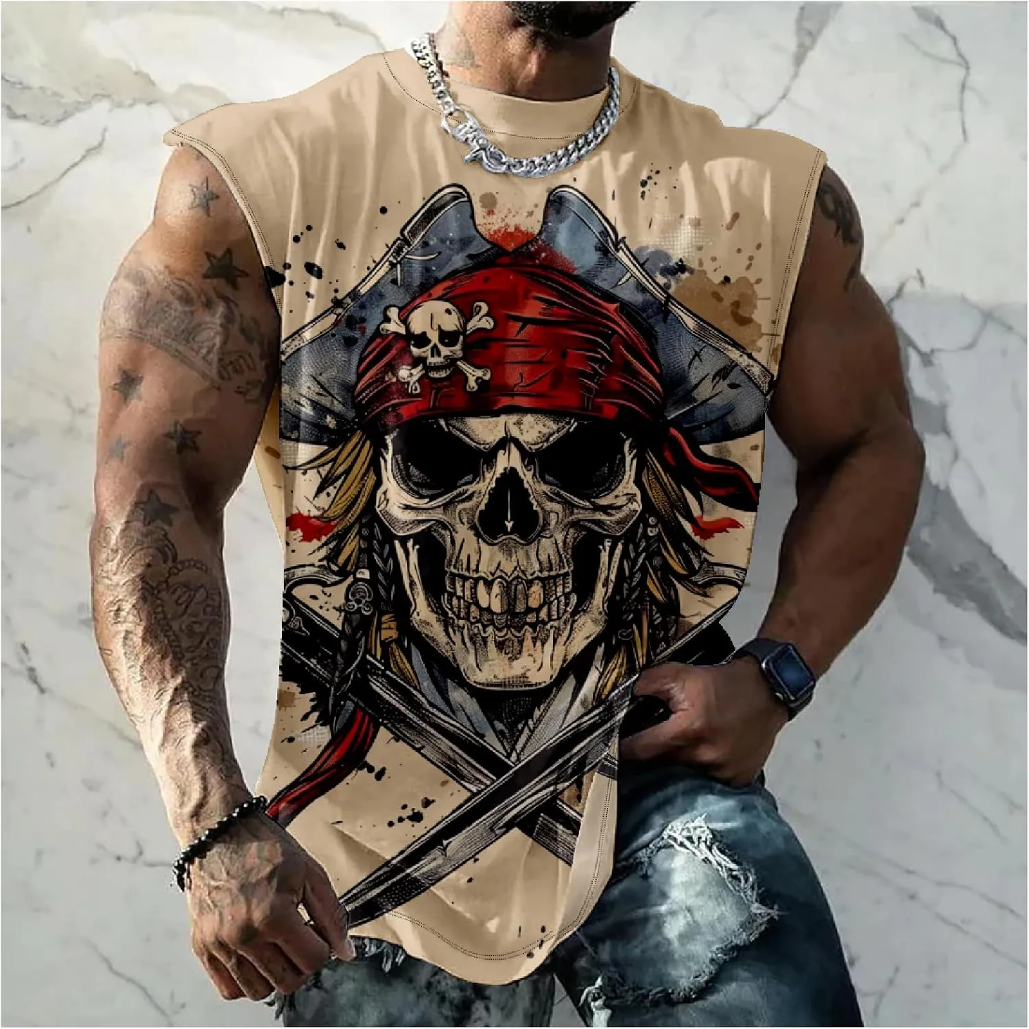 HOTYD Skull Print Graphic Tank Tops for Men Sleeveless Casual Cotton Shirts Big and Tall Muscle Shirts Bodybuilding Tank Tops