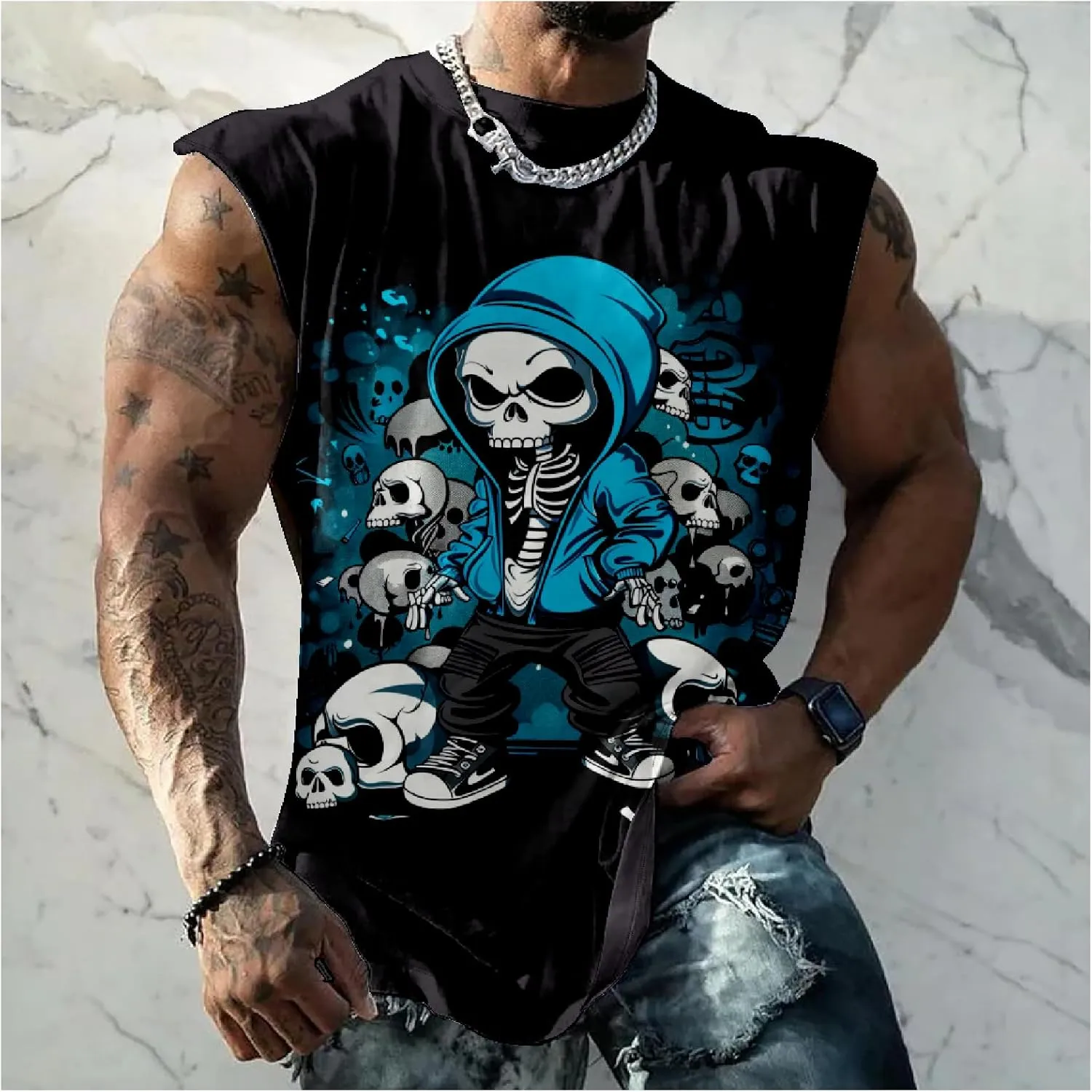 HOTYD Skull Print Graphic Tank Tops for Men Sleeveless Casual Cotton Shirts Big and Tall Muscle Shirts Bodybuilding Tank Tops