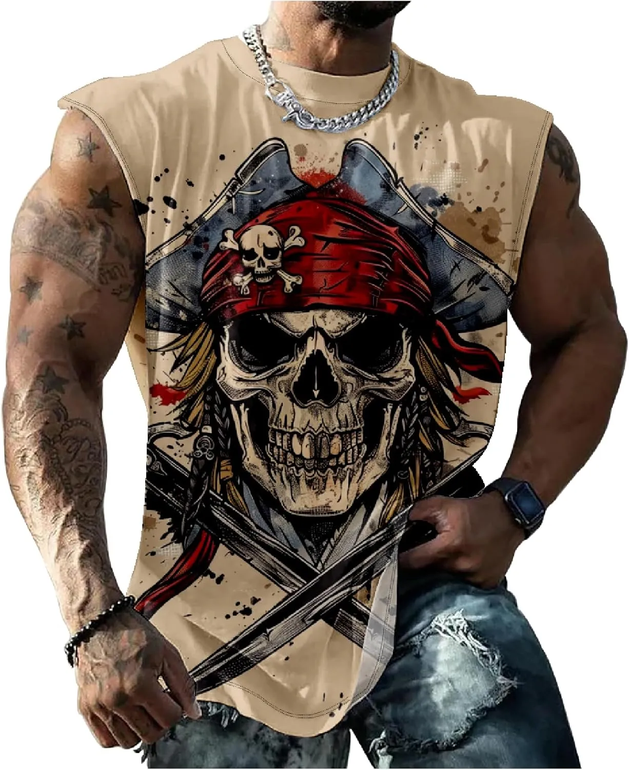 HOTYD Skull Print Graphic Tank Tops for Men Sleeveless Casual Cotton Shirts Big and Tall Muscle Shirts Bodybuilding Tank Tops